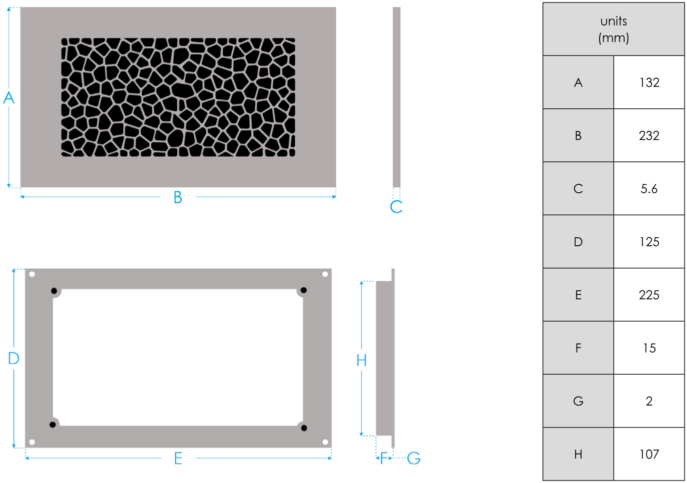 FLAT_EN_Grille and Mounting Frame Dimensions